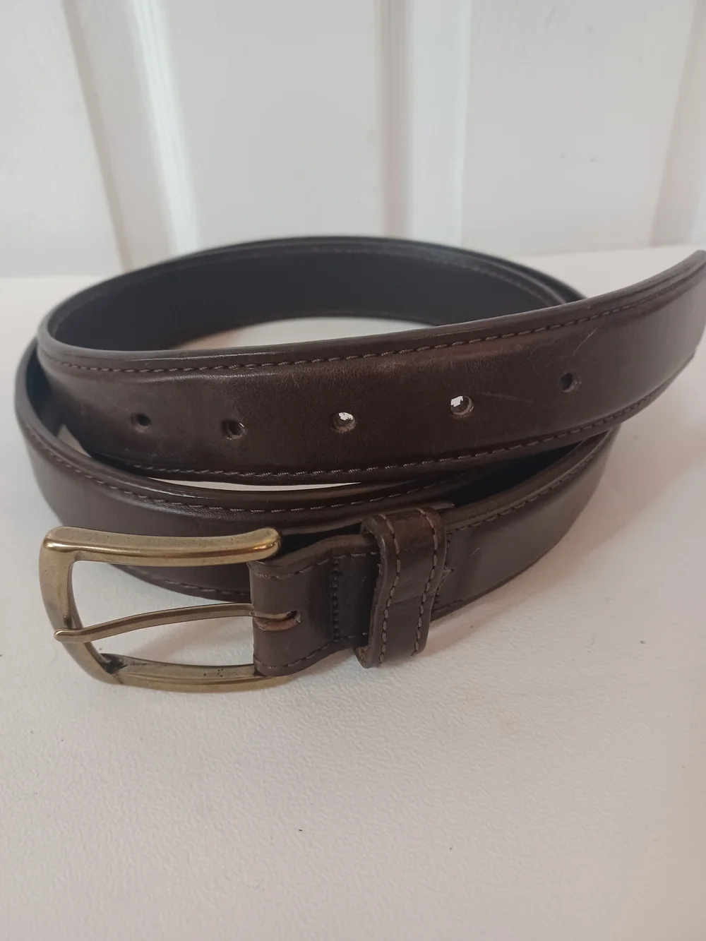 L.L. Bean Men's Size 44 Brown Genuine Leather Belt Brass Buckle Made In USA